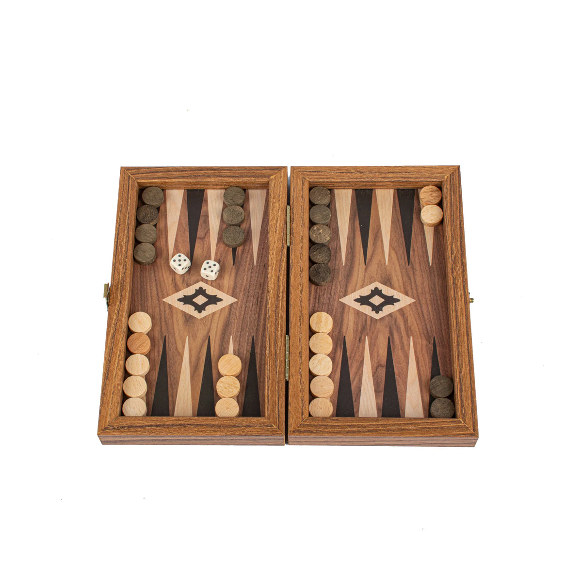Manopoulos - Handcrafted Walnut Replica Wood Backgammon Set with Black & Oak Points with Side Racks 20x12cm