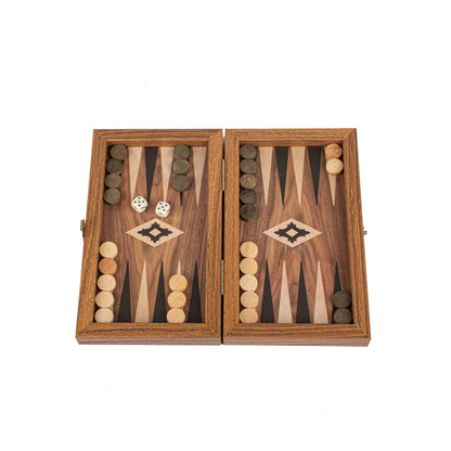 Manopoulos - Handcrafted Walnut Replica Wood Backgammon Set with Black & Oak Points with Side Racks 20x12cm