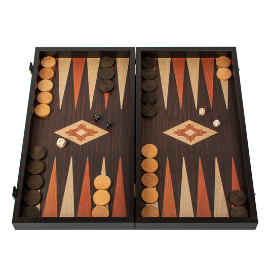 Manopoulos - Handcrafted Wenge Replica Wood Backgammon Set with Walnut & Oak Points with Side Racks 20x12cm