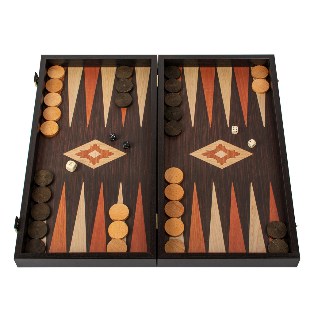 Manopoulos - Handcrafted Wenge Replica Wood Backgammon Set with Walnut & Oak Points with Side Racks 20x12cm