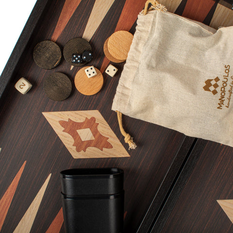 Manopoulos - Handcrafted Wenge Replica Wood Backgammon Set with Walnut & Oak Points with Side Racks 20x12cm