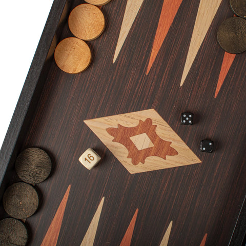 Manopoulos - Handcrafted Wenge Replica Wood Backgammon Set with Walnut & Oak Points with Side Racks 20x12cm