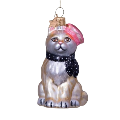 Vondels Glass Cat Ornament with Beret & Scarf – 8.5 cm