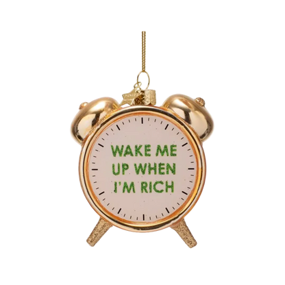 Vondels glass Christmas tree hanging ornament, Shiny Gold Rich Clock Alarm, 9cm