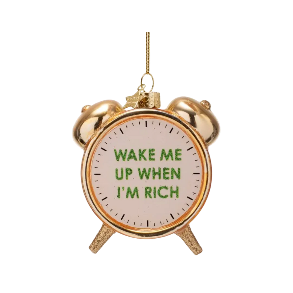 Christmas Tree Hanging Ornament Glass Shiny Gold Rich Clock Alarm - 9cm