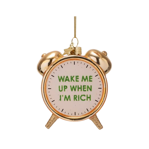 Christmas Tree Hanging Ornament Glass Shiny Gold Rich Clock Alarm - 9cm
