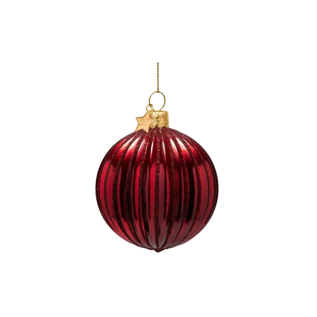 Christmas Tree Hanging Ornament Bauble Glass Burgundy Ribbed - 9cm