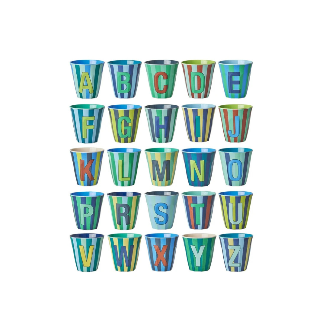 Rice Melamine Cup 250ml, Boy Stripes Alphabet: striped melamine cup printed with a letter