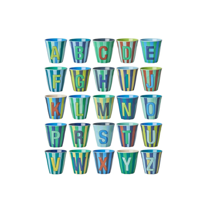 Rice Melamine Cup 250ml, Boy Stripes Alphabet: striped melamine cup printed with a letter