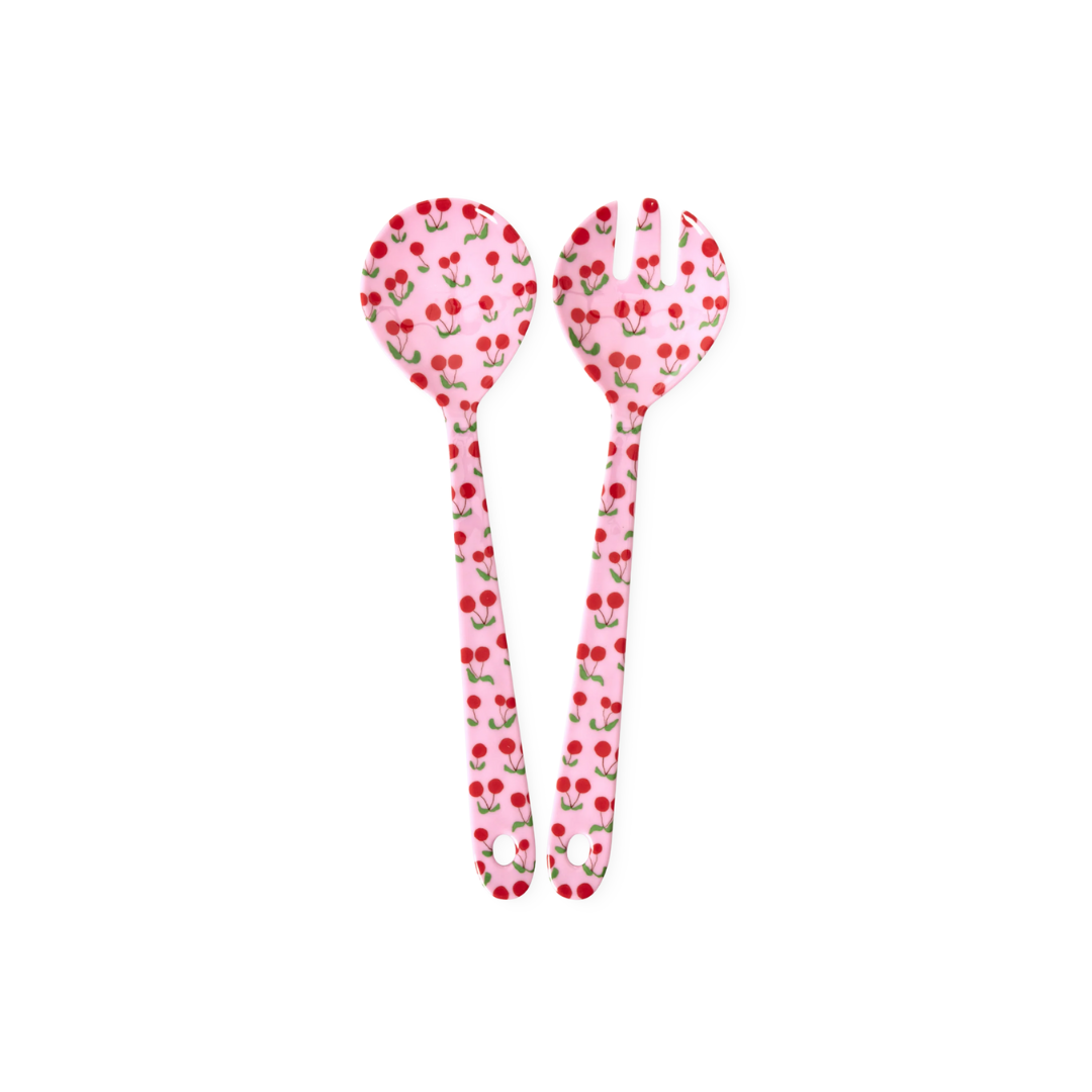 Rice melamine salad spoon and fork in pink cherries print