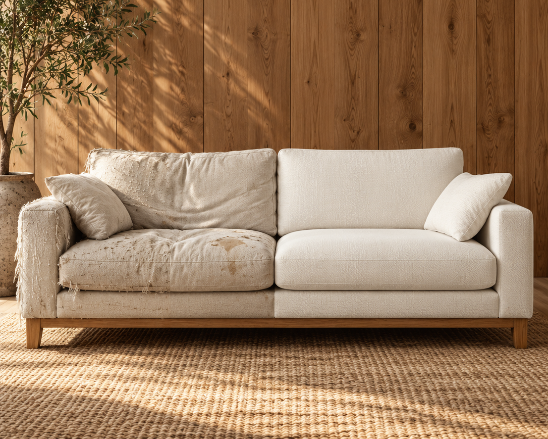 A modern two-seater sofa upholstered in a warm off-white textured fabric with light wood legs, set against a rustic wood-paneled wall on a woven jute rug with soft sunlight filtering through.