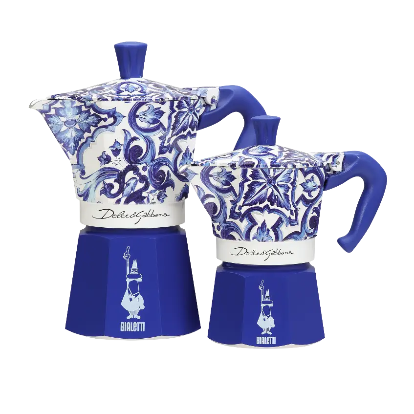 Bialetti Dolce & Gabbana Moka Express stovetop coffee maker with Sicilian cart motif in Mediterranean blue, view 4