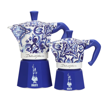 Bialetti Dolce & Gabbana Moka Express stovetop coffee maker with Sicilian cart motif in Mediterranean blue, view 4