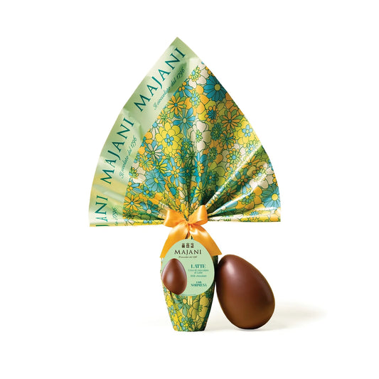 Chocolate egg with floral packaging on a white background