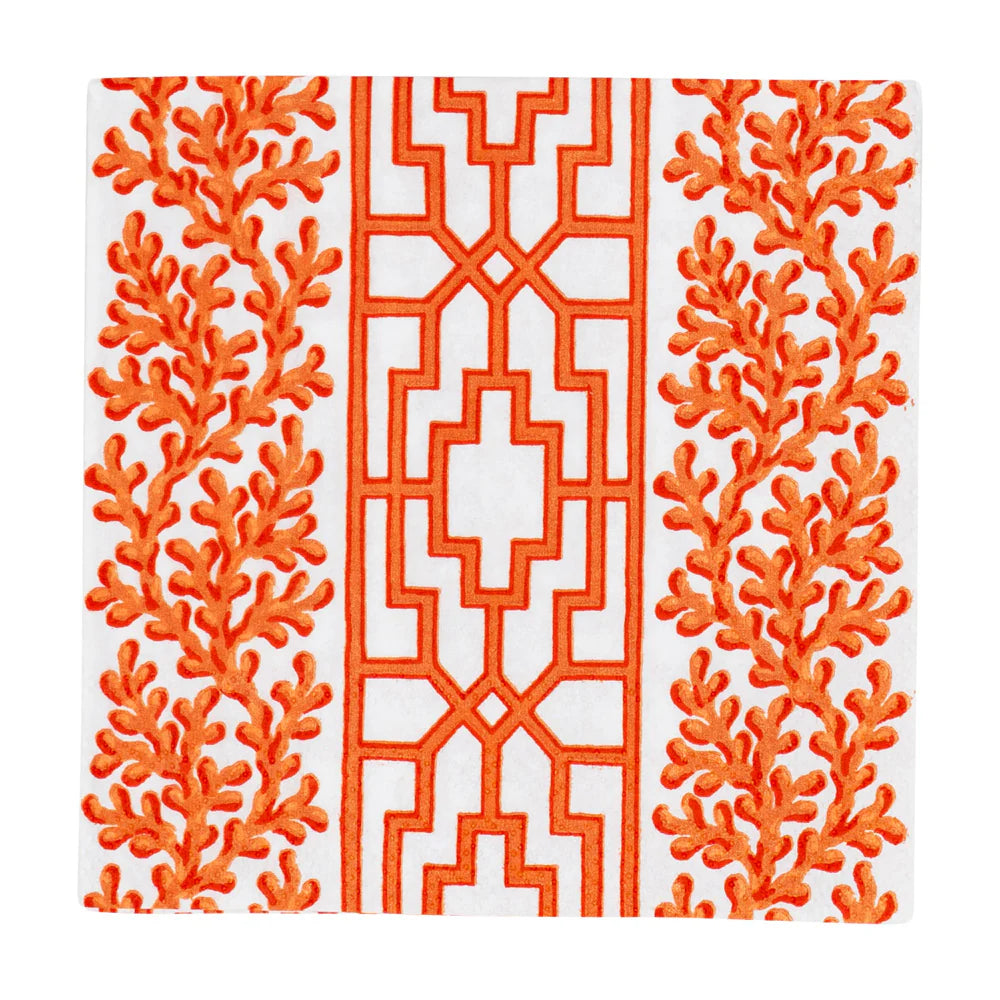 Caspari Coral And Trellis Coral Napkins, triple-ply paper napkins
