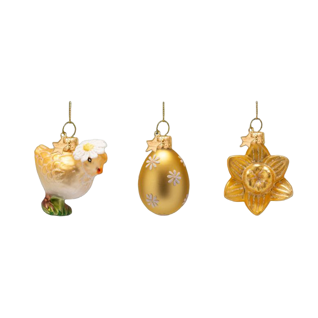Easter Tree Hanging Ornament Chick Egg & Flower Glass (Set of 3)