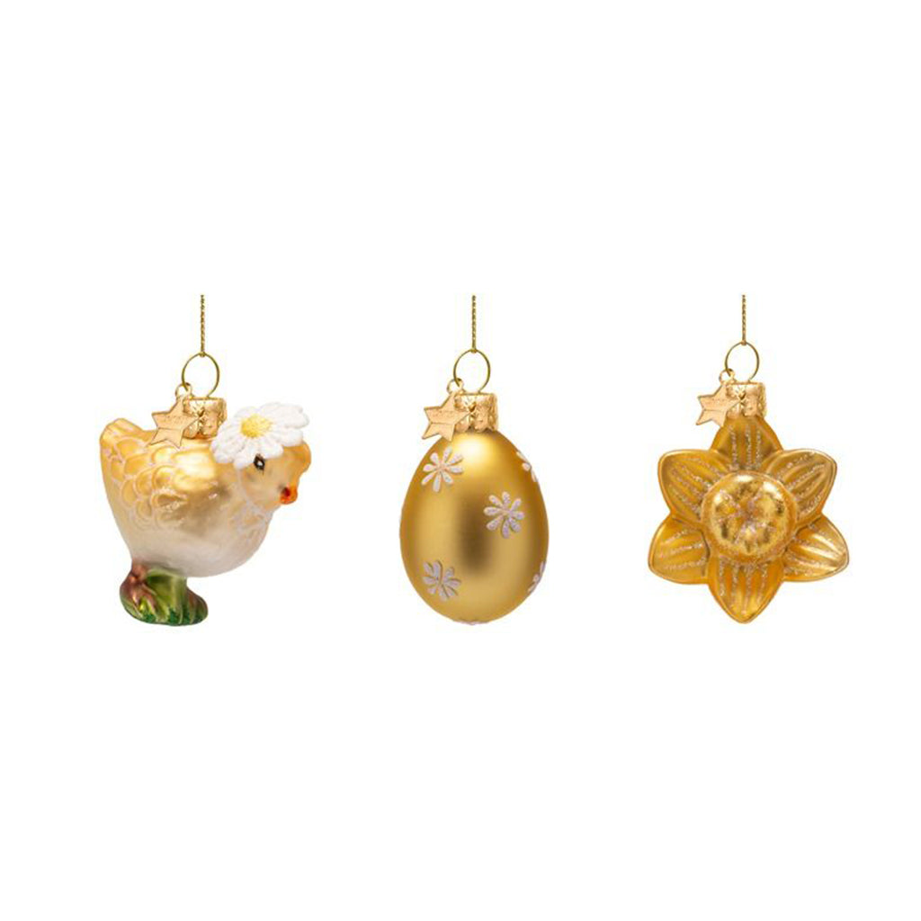 Chick Egg & Flower Easter Glass Ornament (Set of 3)