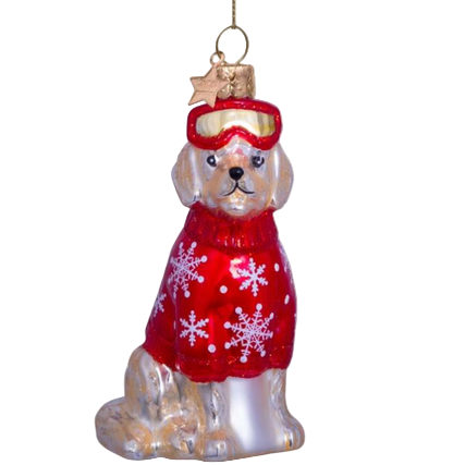 Vondels Golden Retriever Glass Ornament – Red Ski Outfit (9.5 cm)