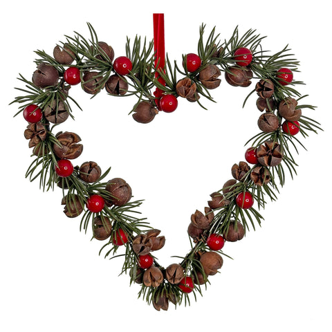 Red Berry Fir Ring Heart Wreath 22cm