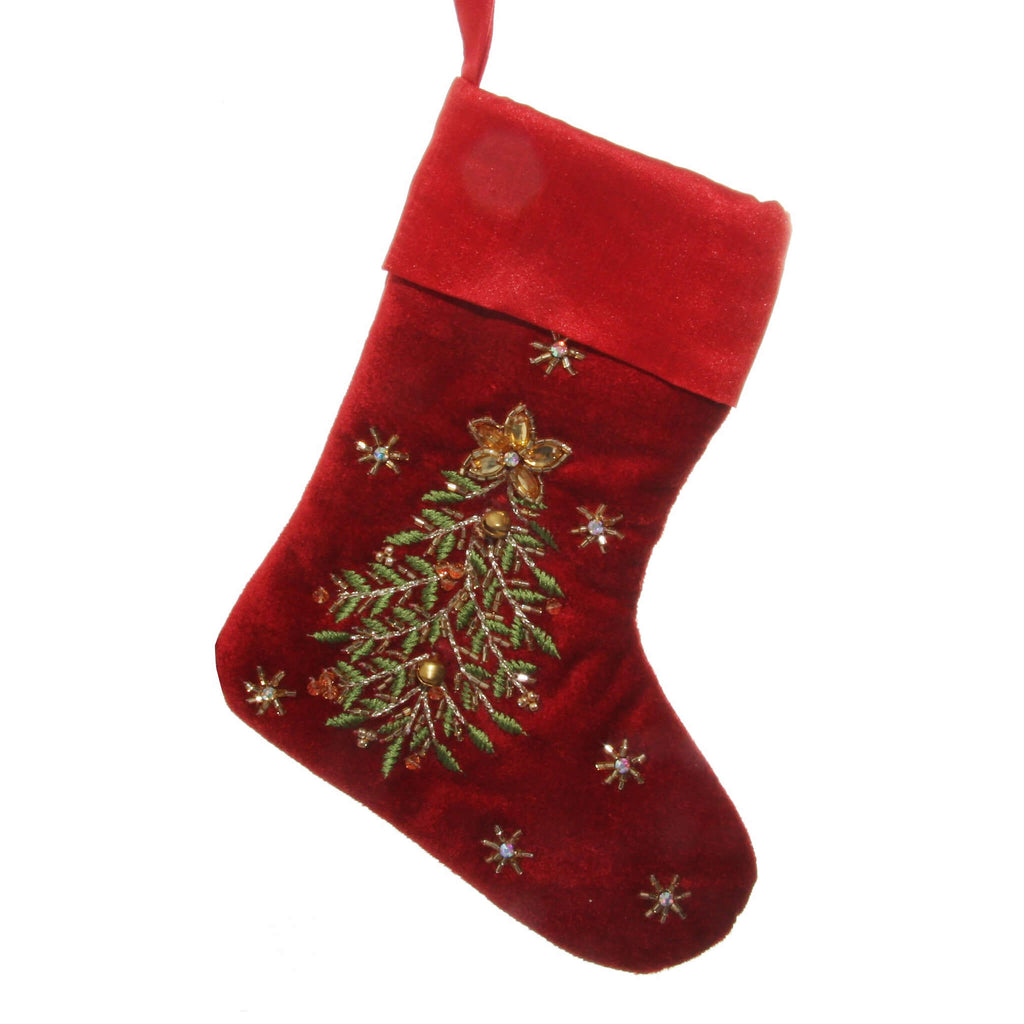 Red Velvet With Tree Embroidery Xmas Sock