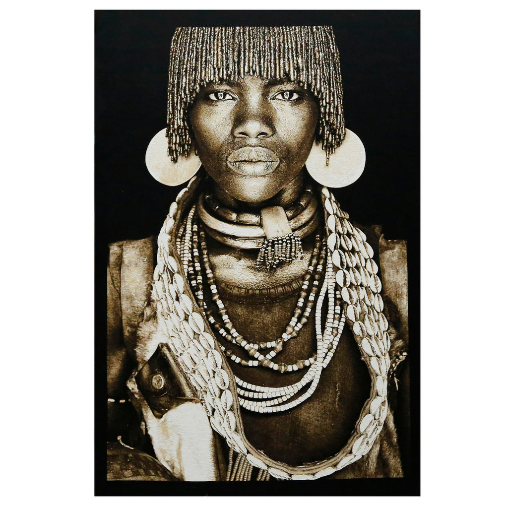 Hamar Woman Ethiopia in Black Background  Dimensions (cm) : W 140 X H 205  All designs are woven securing top quality over their lifetime.  Made in Belgium  Tapestries are sold in framed.
