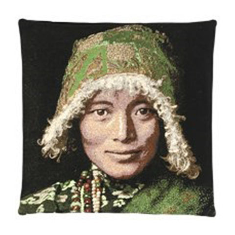 Tibetan Woman Cushion Cover  Dimensions (cm) : Width 45 x Length 45  Material : Belgium Linen  Colour :  - Green. All designs are woven securing top quality over their lifetime.  Made in Belgium.