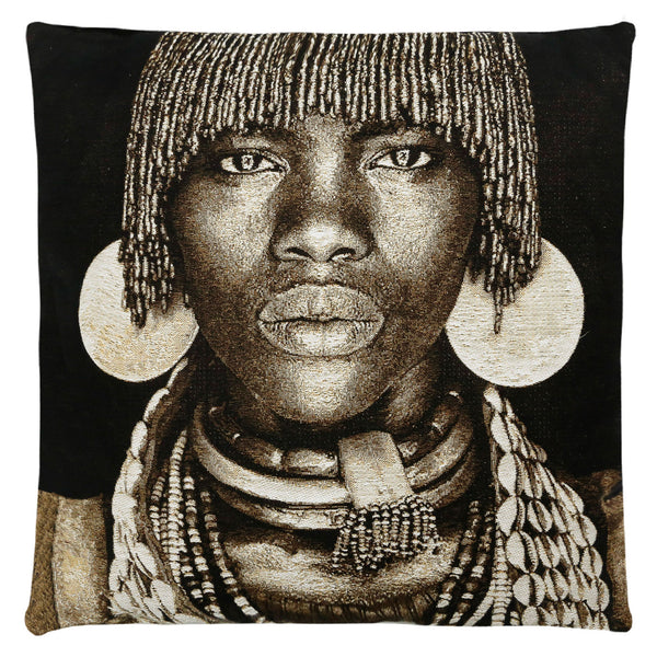 Hamar Woman Ethiopia Cushion Cover  Designer : Mario Gerth  Dimensions (cm) : Width 45 x Length 45  Material : Belgium Linen  All designs are woven securing top quality over their lifetime.  Made in Belgium.  Insert and filling not included.