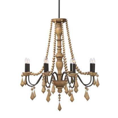 Triboa Chandelier Matti in wood and iron with hand-carved teardrop ornaments