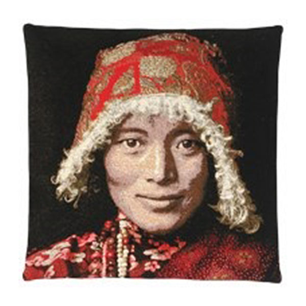 Tibetan Woman Cushion Cover  Dimensions (cm) : Width 45 x Length 45  Material : Belgium Linen  Colour : - Red All designs are woven securing top quality over their lifetime.  Made in Belgium.