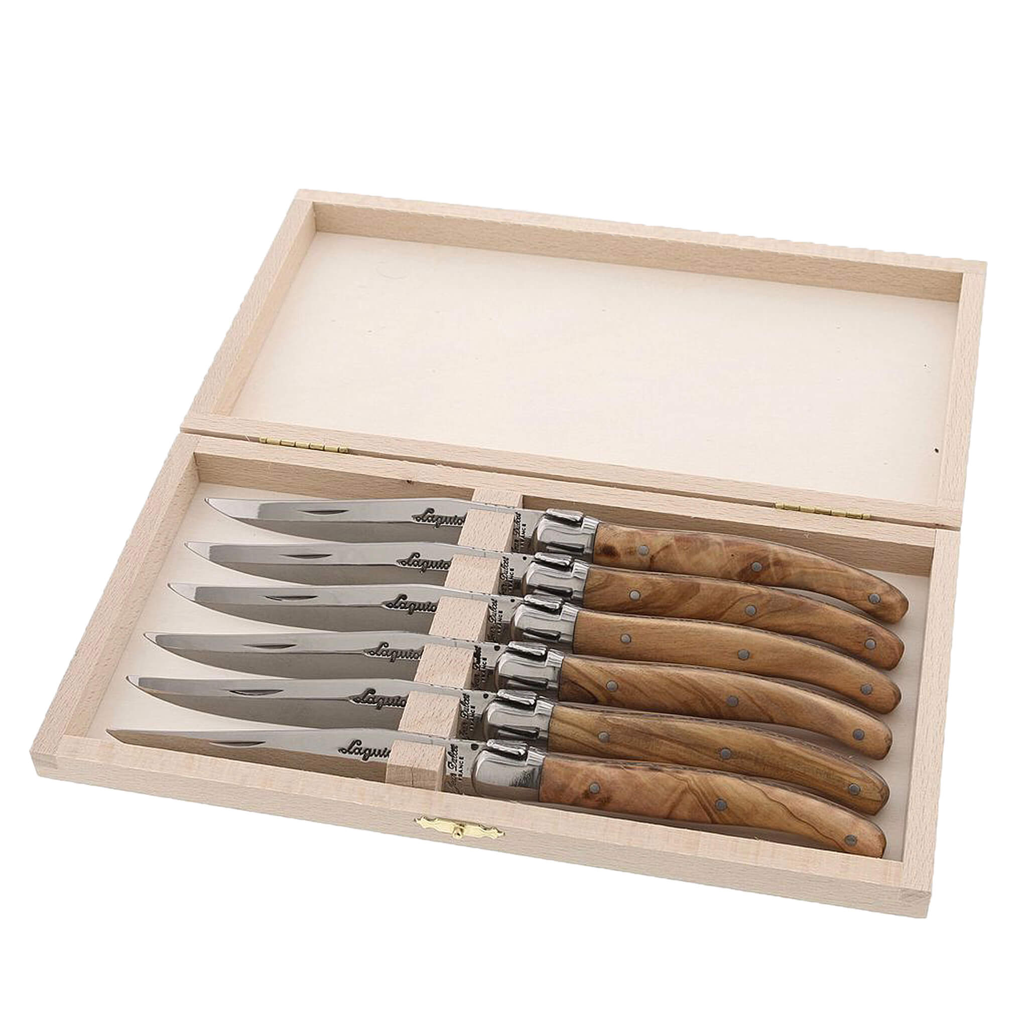 Jean Dubost 6 Steak Knives in Leather Pouch Olive Wood