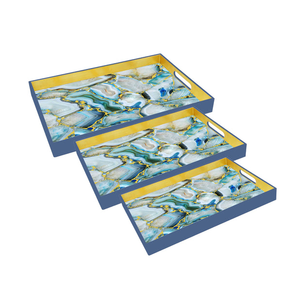 Blue Gold Marble Lacquer Tray (Set of 3)