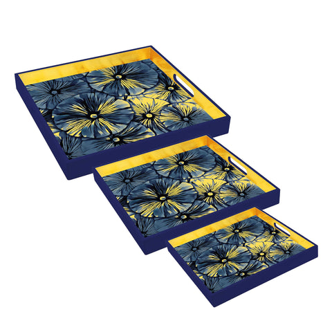 Blue Gold Lotus Lacquer Tray (Set of 3)