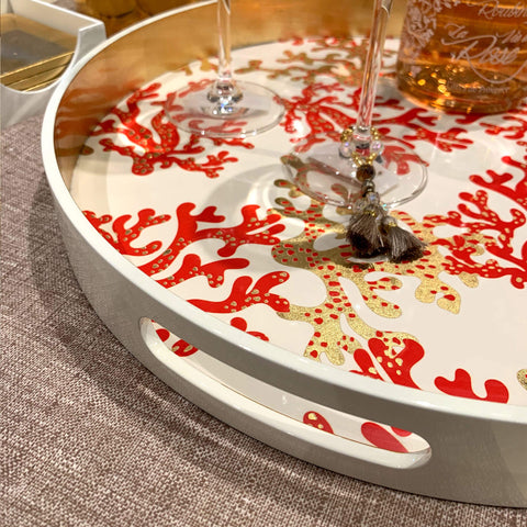 Round Gold Coral Lacquer Tray