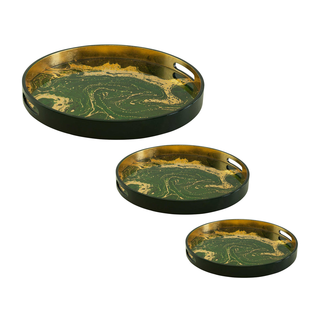 Round green and gold lacquer tray set of 3