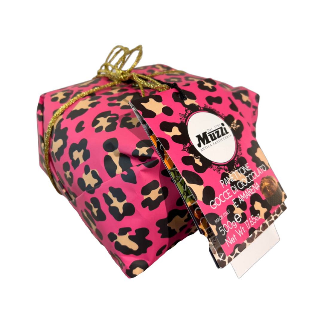 Muzzi Animalier Chocolate Cherry Panettone 500g in animal print wrap