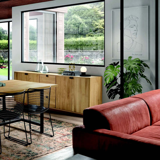 Prato 59 Sideboard  Made in Belgium  Brand : PR-Living  Model : Sideboard 59  Material : Wood / Metal  Colour : Fjord oak / Black  Dimensions: 200X45X85h