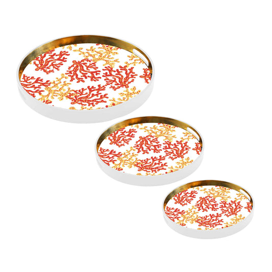 Round Gold Coral Lacquer Tray (Set of 3)